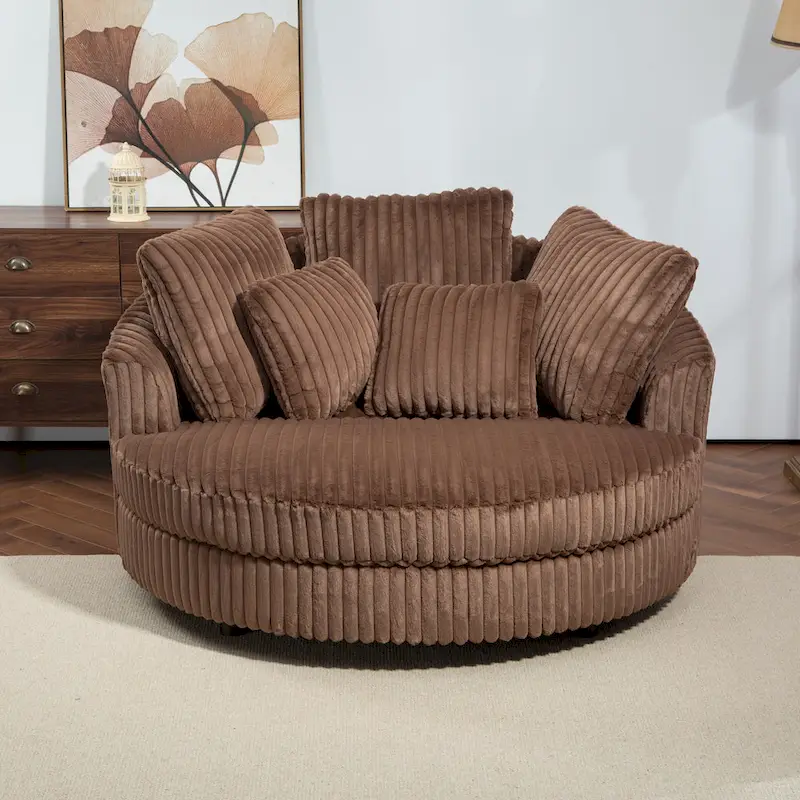 Modern Sofa Chair Round Accent Barrel Chair With 5 Pillows and Optional Ottoman