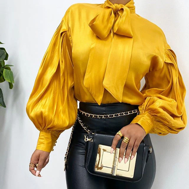 hulianfu Lugentolo Lantern Sleeve Shirt Women Vintage Bow Tie Spring Loose Casual Solid Color Women Blouses - Deanwangkt