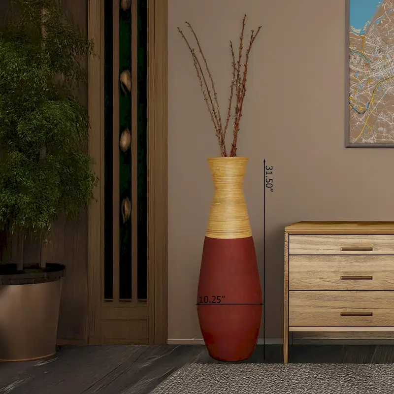 31.5 inch Tall Handcrafted Bamboo Floor Vase, Burgundy and Natural Finish, Decorative Accent, Large Bamboo Floor Vase
