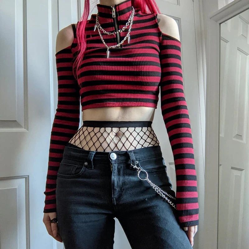 Hulianfu Gothic Mall Goth Striped Print T-shirt Hollow Out Slim Fit Turtleneck Crop Top E-girl Harajuku Grunge Emo Alt Tees Women Clothes - Deanwangkt