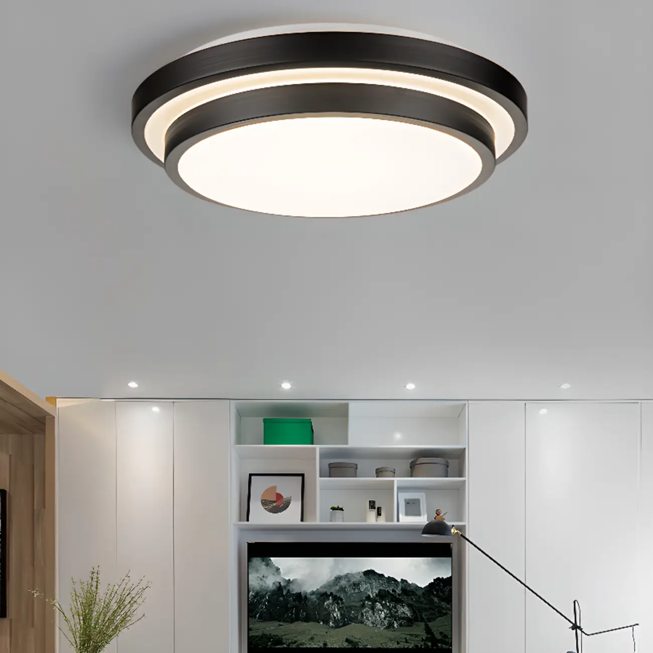 Industrial Black Round Warm LED Flush Mount Ceiling Light