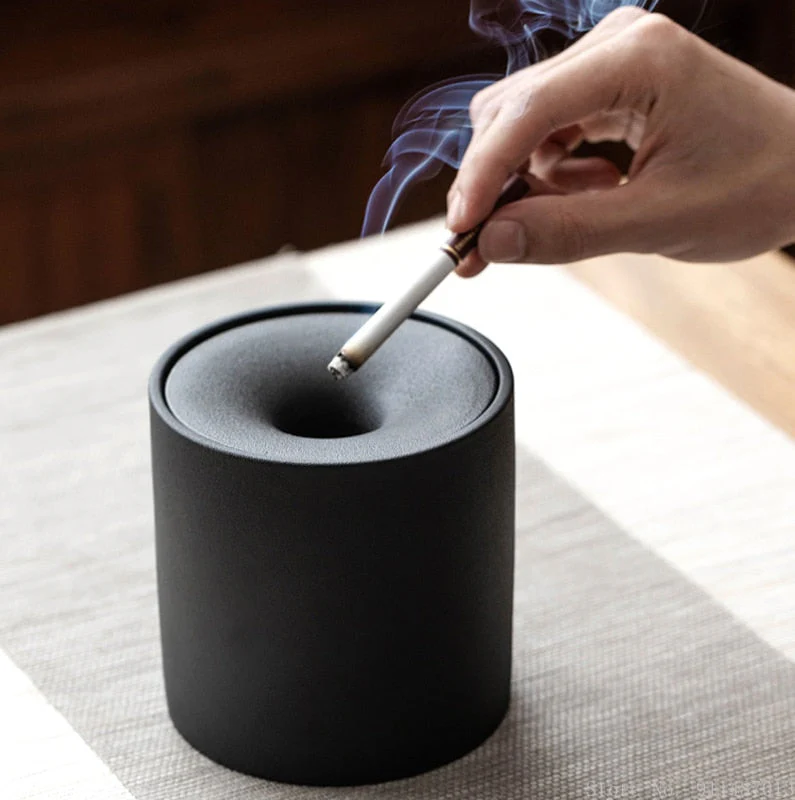 HULIANFU Stoneware ashtray with lid living room coffee table decoration Anti-ash portable ashtray Home Hotel Office Supplies/Gifts - Deanwangkt