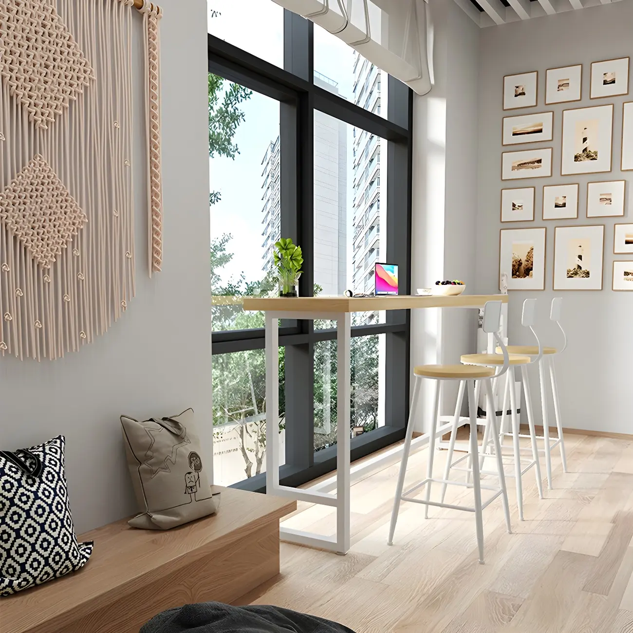 Modern Rustic Pine Wood Top Iron Base Bar Table