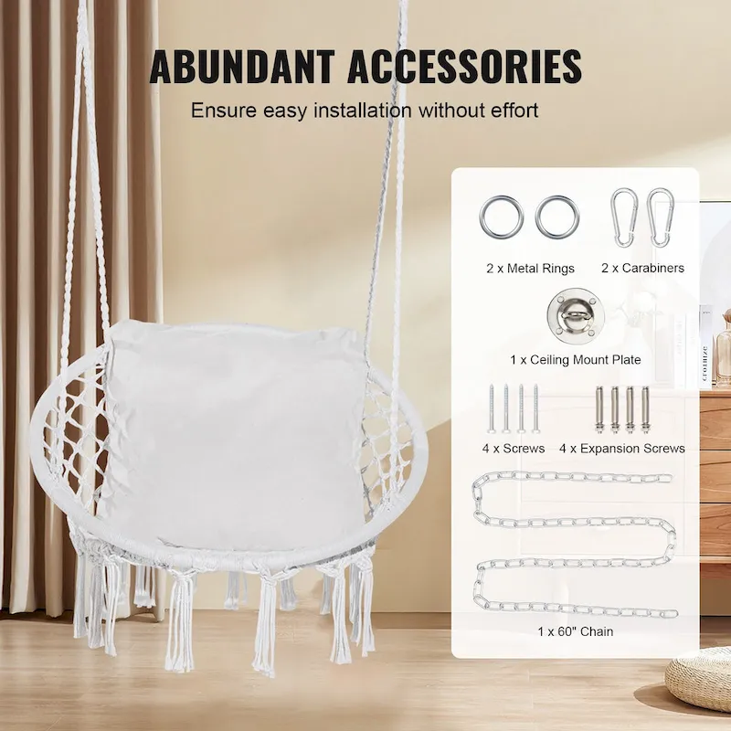 Hanging Hammock Swing Chair, Macram Hanging Chair with Cushion and Mounting Hardware, Cotton Rope Swing Chair