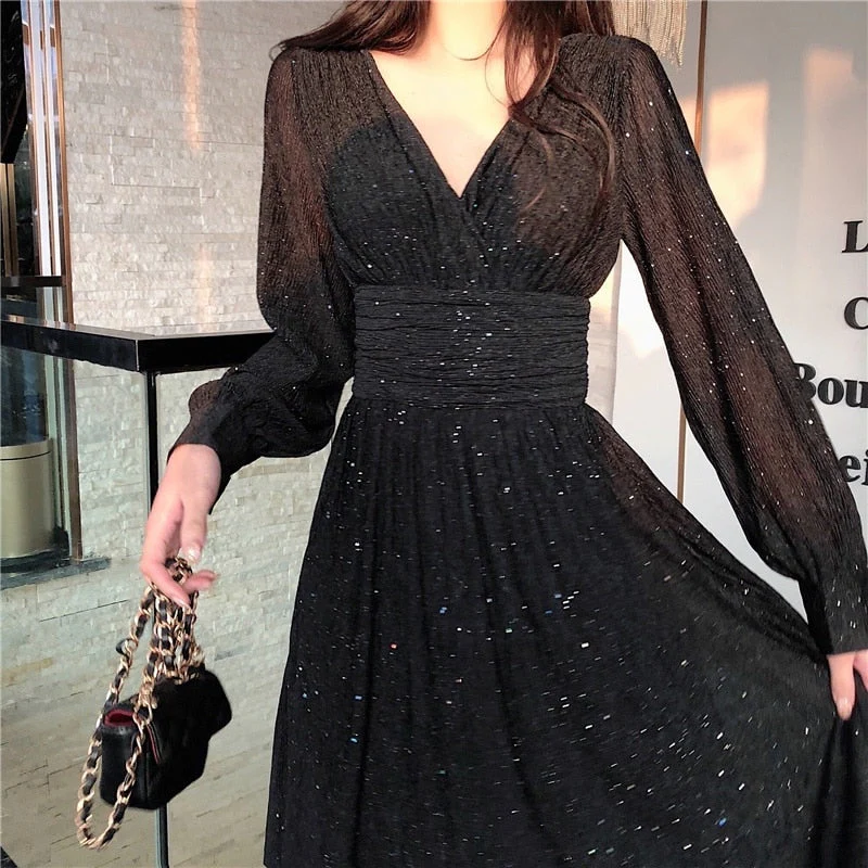 Hulianfu Vintage Sexy Maxi Dresses for Women Party Sequin Midi Dress Female Casual Chiffon Slim Korean Woman Dress Elegant Autumn - Deanwangkt