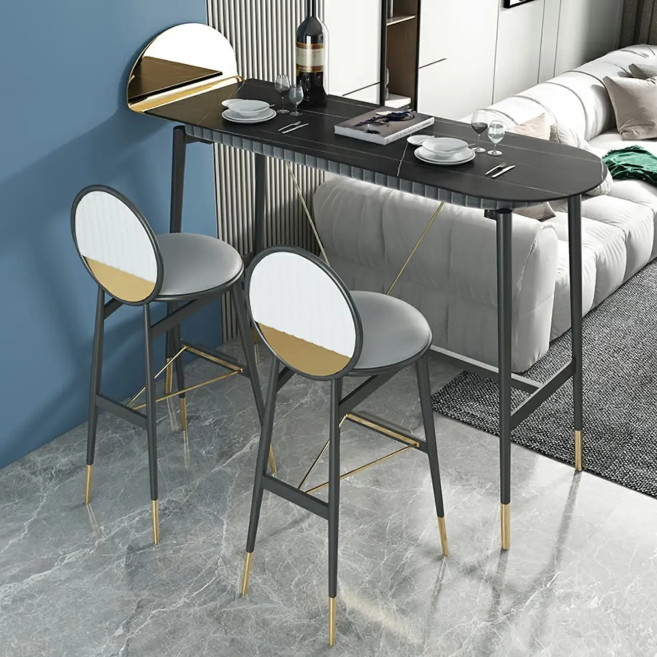 Designer Black Metal Bar Table with Gold Footrest for Modern Home