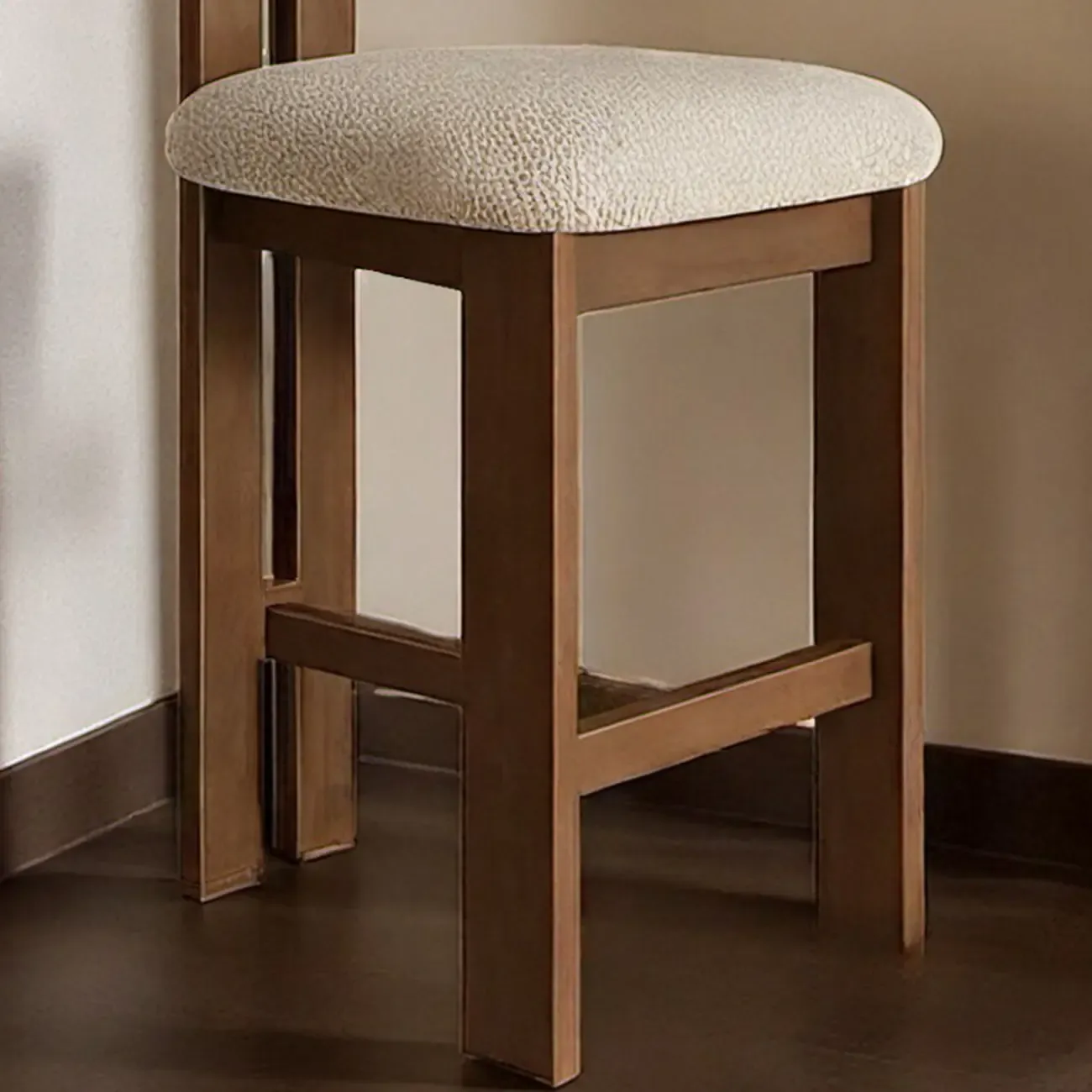 White Boucle Fabric Brown Wood Armless Bar Stools