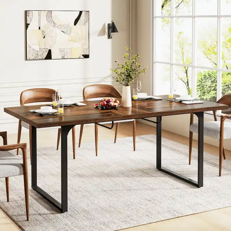 Extendable Dining Room Table for 6-8 people, Wood Rectangular Dinner Table with Metal Frame