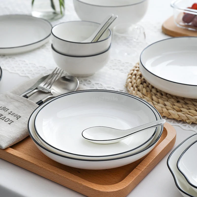 HULIANFU White Dinner Plate Set Ceramic Kitchen Plate Tableware Set Food Dishes Rice Salad Noodles Bowl Soup Kitchen Cook Tool 1pc - Deanwangkt
