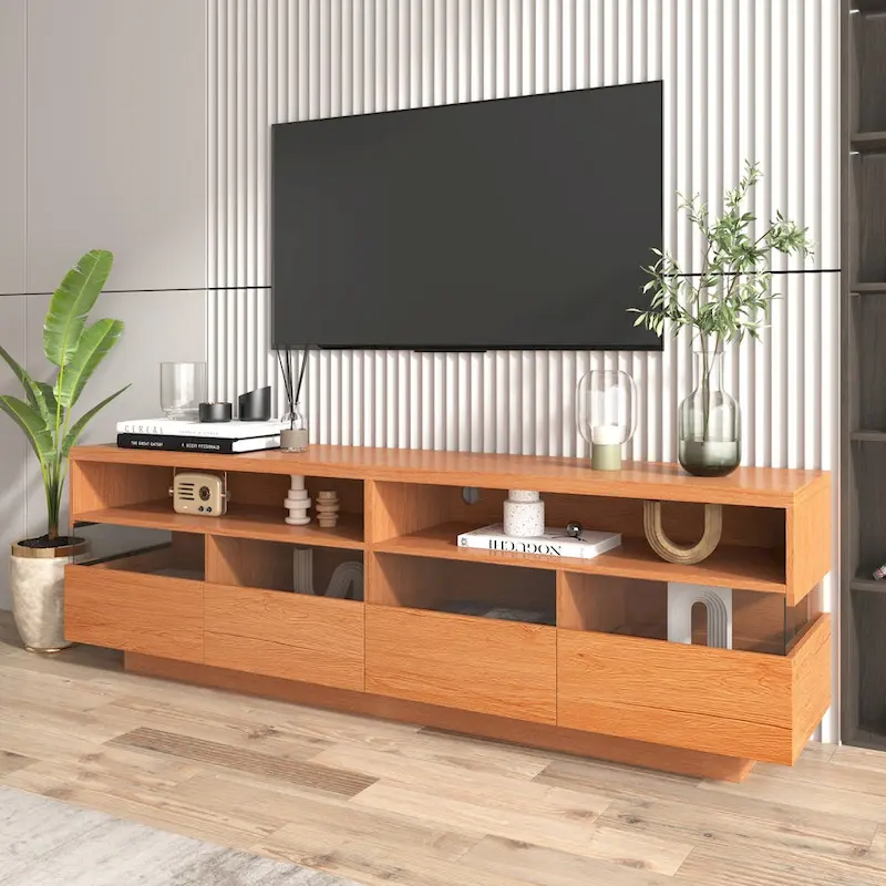 Modern TV with 4 Drawers& 2 open Cabinets, Media Console Table for TVs up to 75,Wood