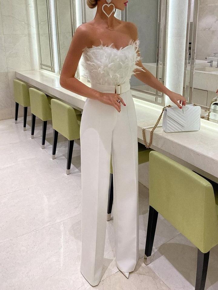Hulianfu Jumpsuit Women Elegant Long Jumpsuit Strapless Slash Neck Feather Tube Top Sexy Fashion Party Night Evening Jumpsuit Summer - Deanwangkt