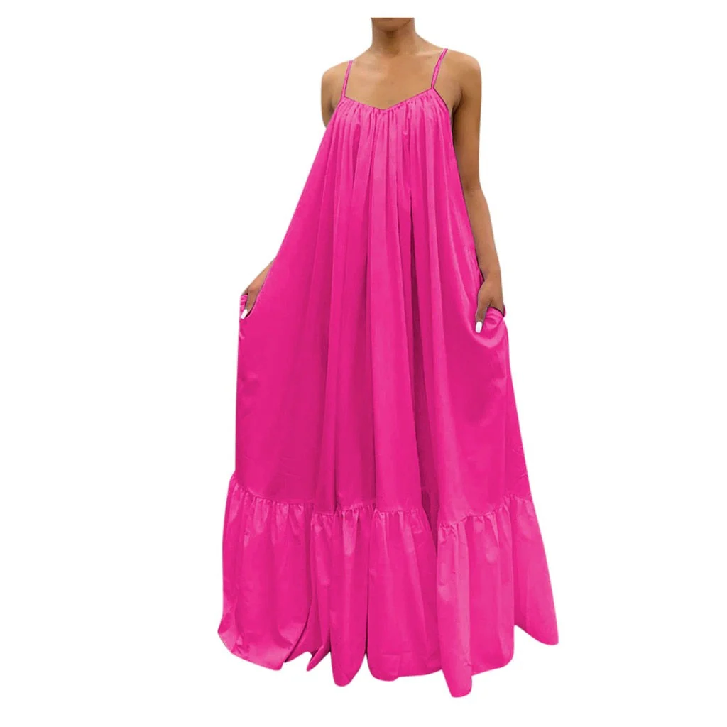 hulianfu Women Camisole Oversized Fashion Casual Solid Maxi Dresses Strap Dress Pocket Loose Backless Big Swing Solid Floor-length Robe - Deanwangkt
