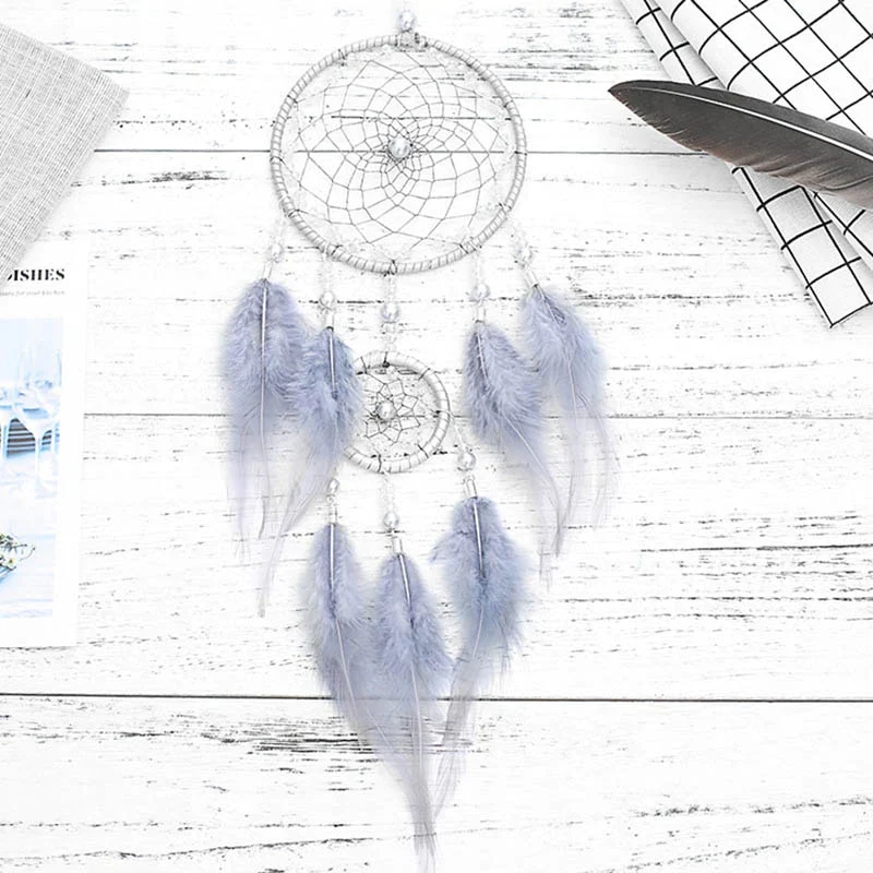 HULIANFU Original silver gray dream catcher 2 ring Indian feather hanging art gifts to bestie friends creative valentine's day gifts - Deanwangkt