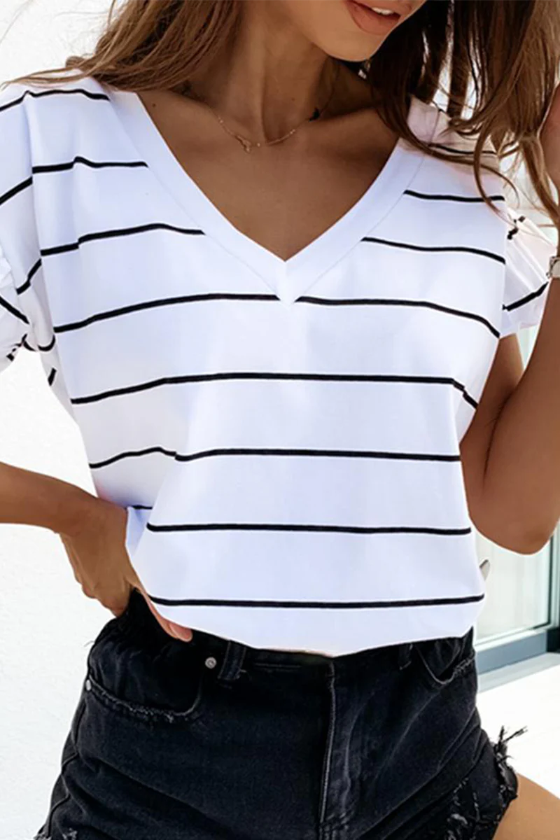 Casual Striped Flounce V Neck T-Shirts - Deanwangkt