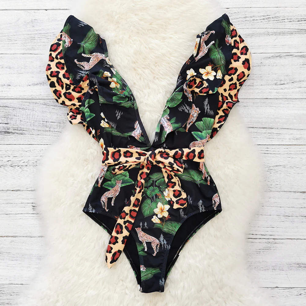 New Sexy Ruffle Print Floral One Piece Swimsuit Off The Shoulder Swimwear Women Solid Deep-V Beachwear Bathing Suit Monkini - Deanwangkt