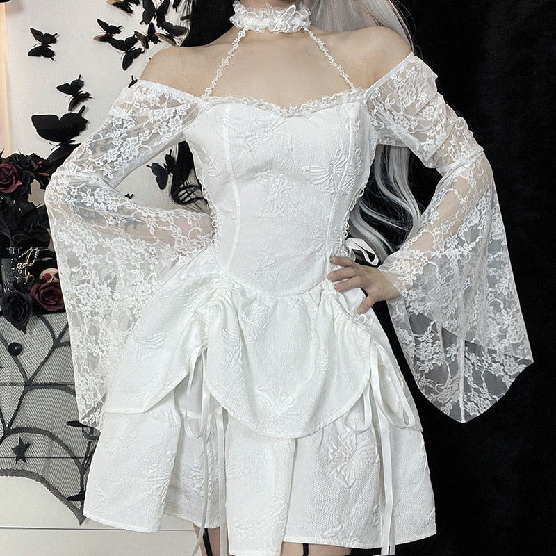 Halter Halloween Cosplay Costumes Gothic Lolita Party Dress White Black Flare Sleeve Fairy Princess Ruffle Cake Kawaii Dresses - Deanwangkt
