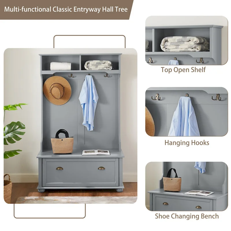 Coastal Style Hall Tree Entryway Bench with Shelves and Shoe Cabinets