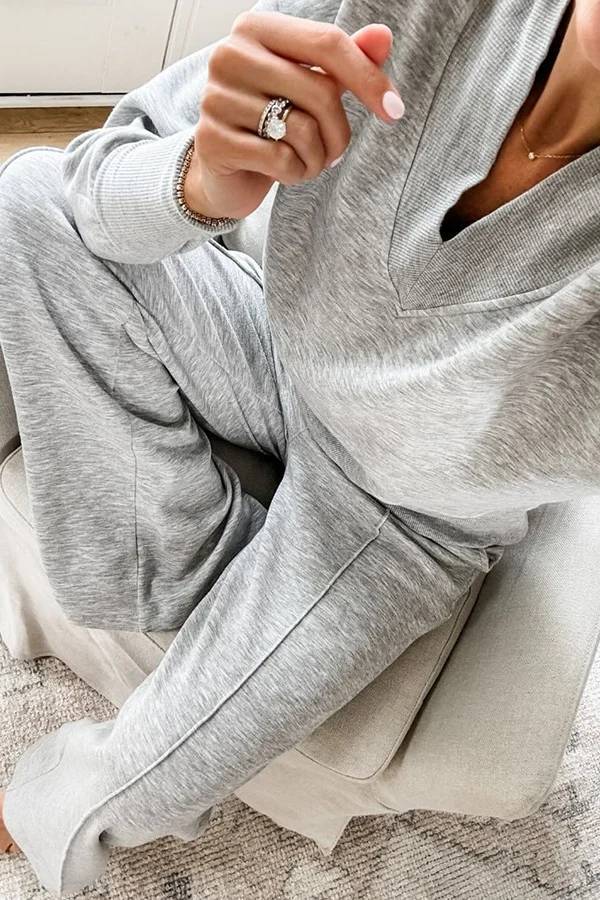 Grey Plain V-Neck Long Sleeve Two Piece Set