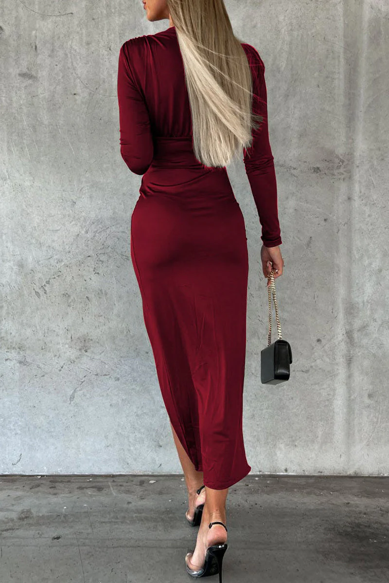 hulianfu Elegant Fold Solid Color V Neck Wrapped Skirt Dresses - Deanwangkt