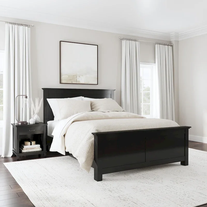 Oak Park 2 Piece Black Wood Queen Bed and Nightstand Set by Homestyles