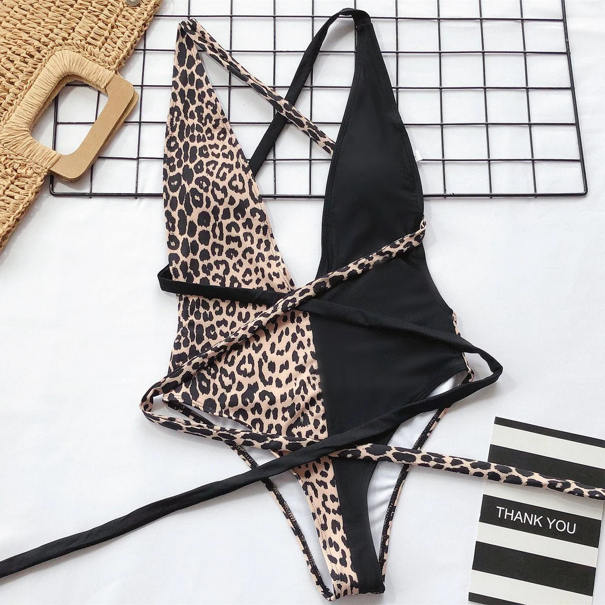 hulianfu One Piece Leopard Print Hollow Strap Swimsuit - Deanwangkt