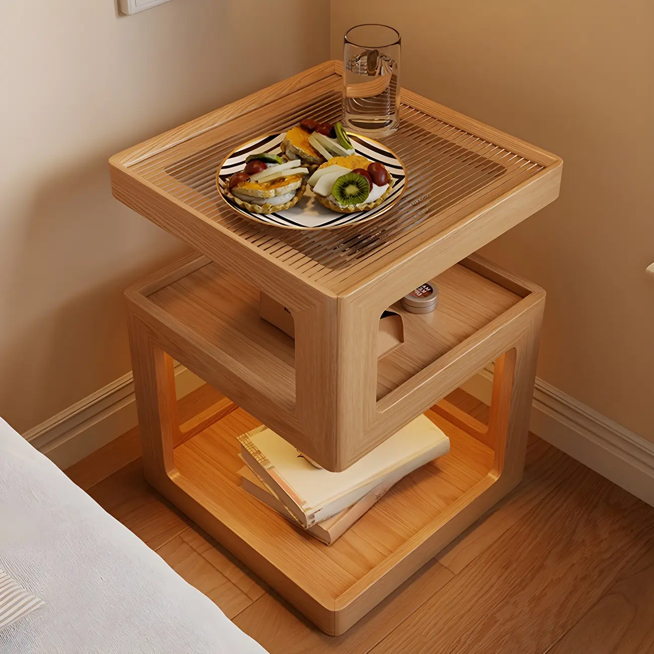 Narrow Wood and Glass Nut-Brown Shelves Nightstand with Light