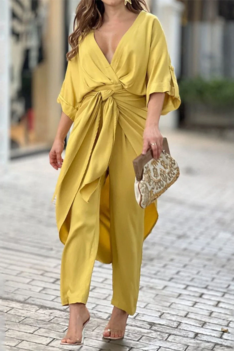 hulianfu Casual Solid Frenulum V Neck Regular Jumpsuits(3 Colors) - Deanwangkt