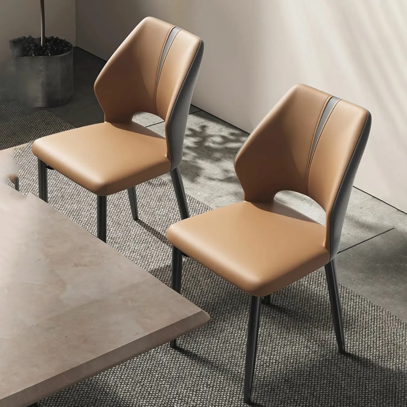 Curved Back Faux Leather Brown Side Dining Chair