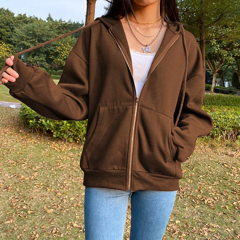 BiggOrange Brown Zip Hooded Sweatshirt Winter Jacket Top Oversized Hoodie Retro Pocket Woman Clothes Long Sleeve Pullover - Deanwangkt