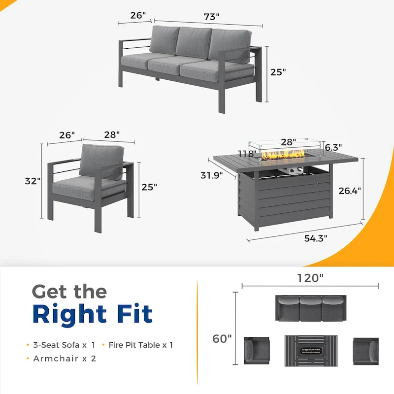 4 Pcs Patio Conversation Set with Propane Firepit