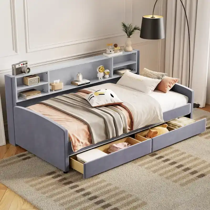 Platform Corner Bed Frame Upholstered Bed with Storage and Drawers