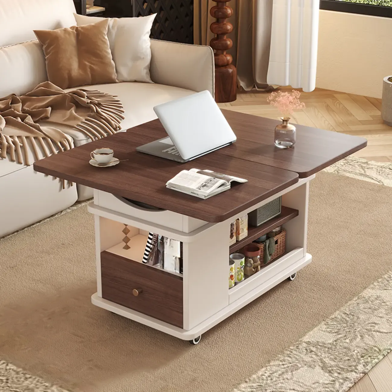 Rectangle Foldable Lift Top Wood Metal Side Table with Wheels