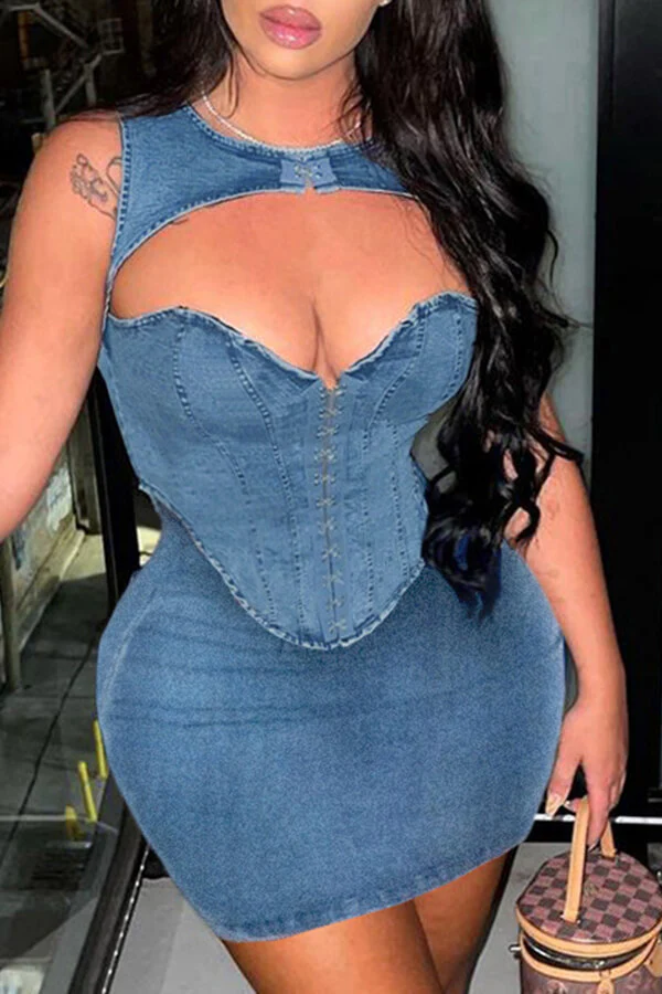 Solid Color Hot Cutout Bodycon Denim Mini Dress - Deanwangkt