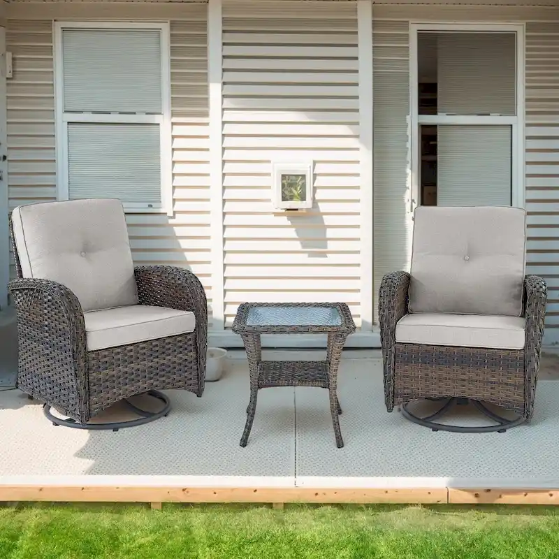 Outdoor Swivel Chairs with Rattan Side Table - Brown