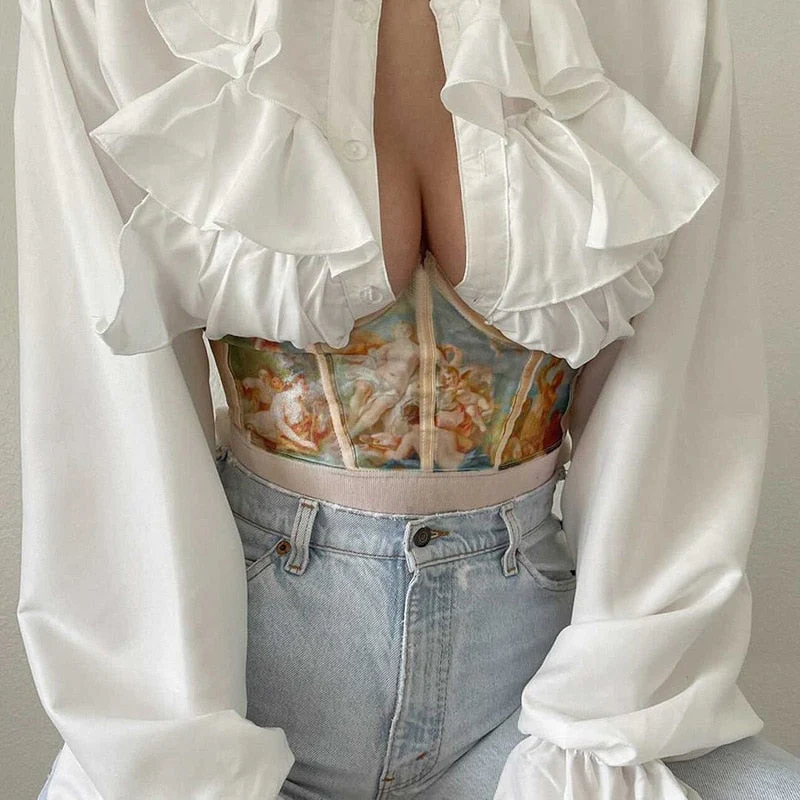 Townlike Summer  Waist Oil Painting Waist Seal Corset Slim Sexy Crop Top Women Short Bandage Corset Top With Fishbone - Deanwangkt