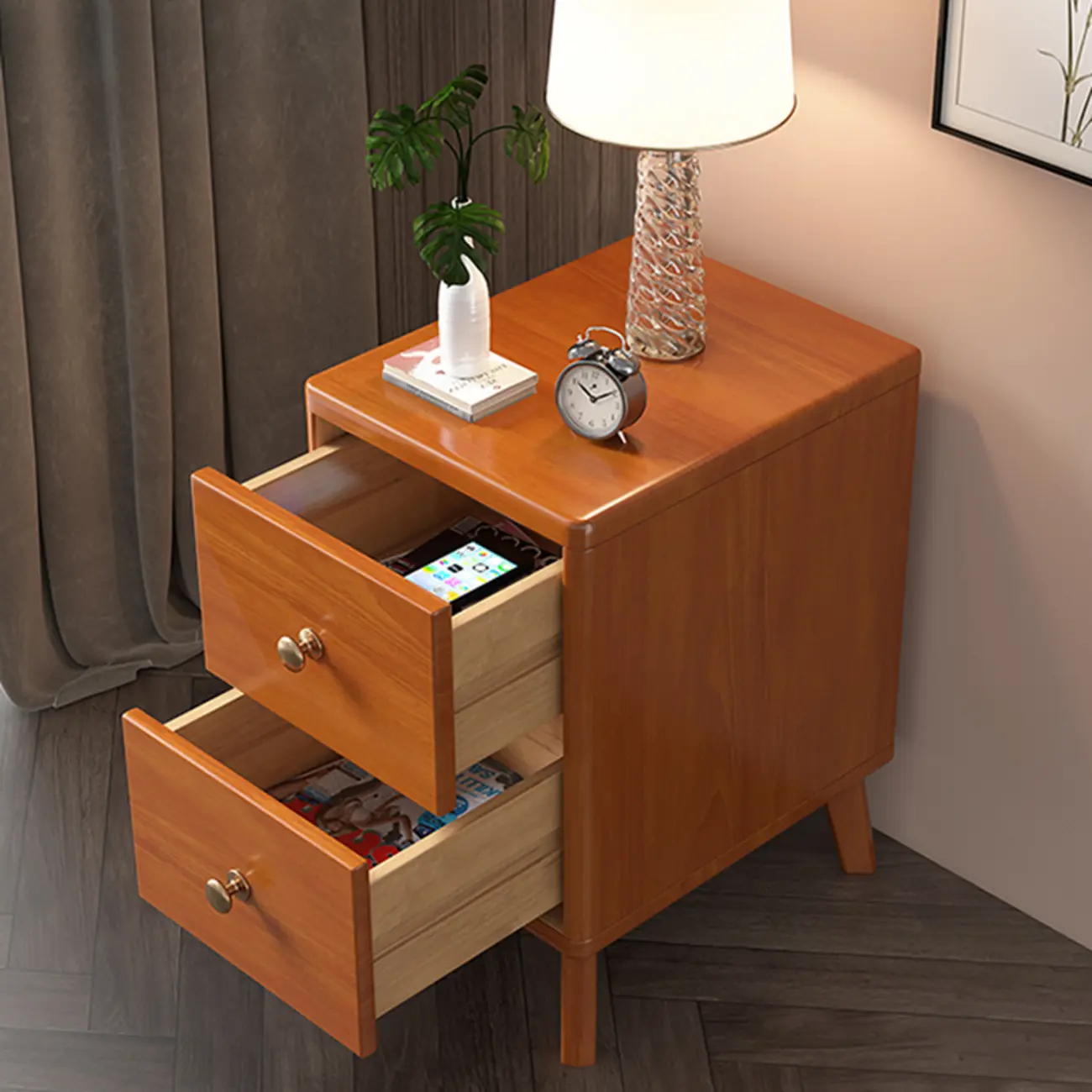 Square Solid Wood 2-Drawer Nightstand with Legs
