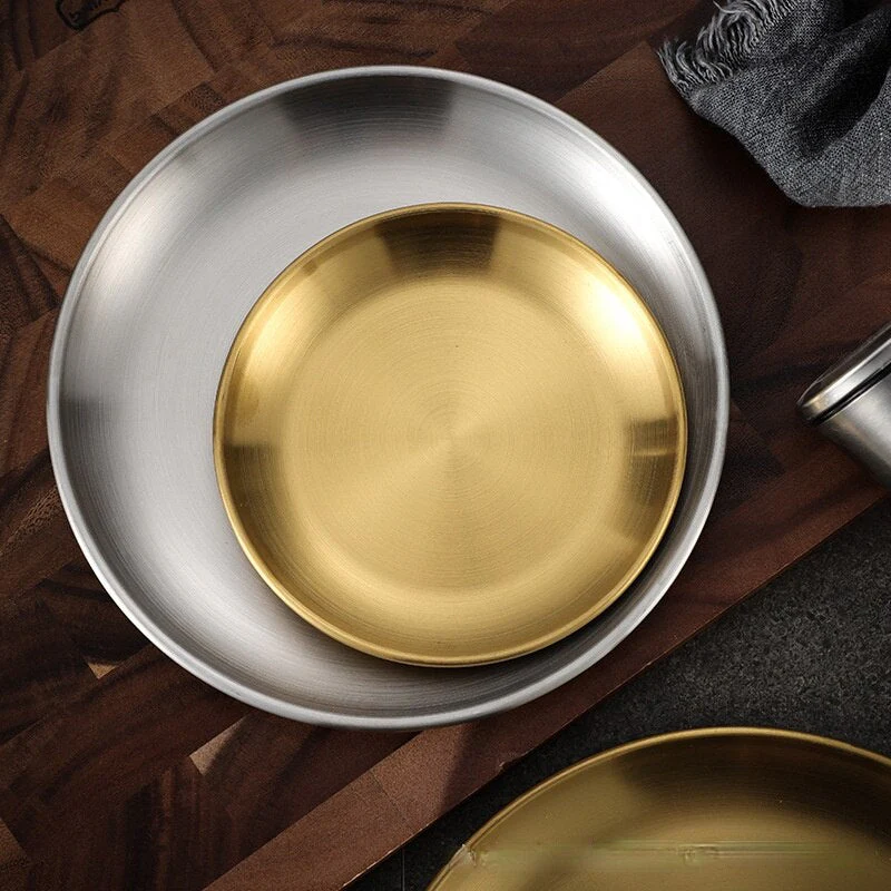 HULIANFU Korean stainless steel thickened disc Golden Cafe Tray Fruit Plate Cake Plate Bone Dish Dish Dish Shallow Plate - Deanwangkt
