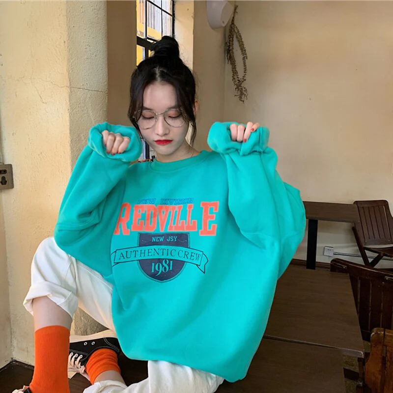 Autumn Women Fleece Letter Printed Pullover Sweatshirt Long Sleeve Casual Sports Lady Oversized Hoodie Korean Fashion - Deanwangkt