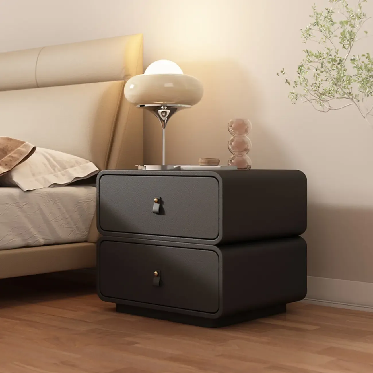 Modern Faux Leather 2-Drawer Nightstand