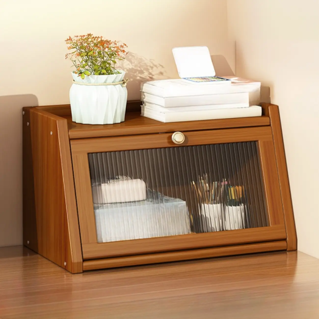 Compact Wood Step Bookcase with Glass Doors