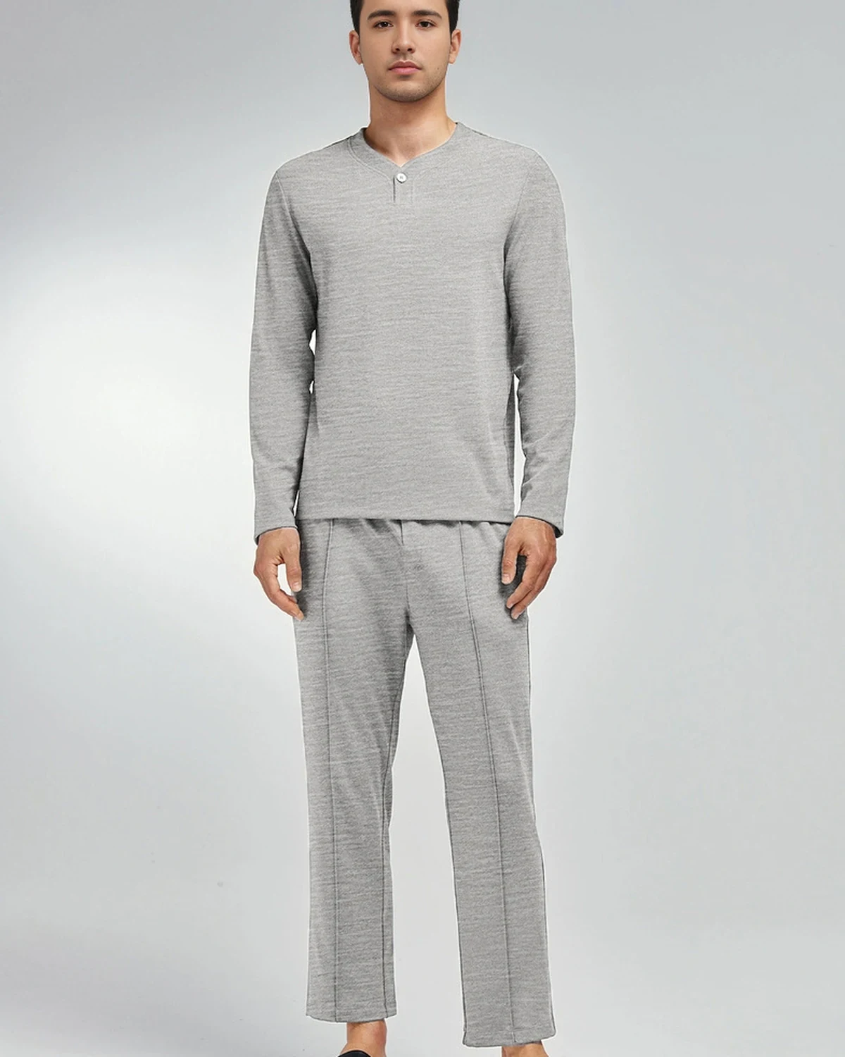 Modal Y-Neck Long-Sleeve and Pants Lounge Set for Men, Minimal Casual Comfortable Pajamas Suitable for Outerwear