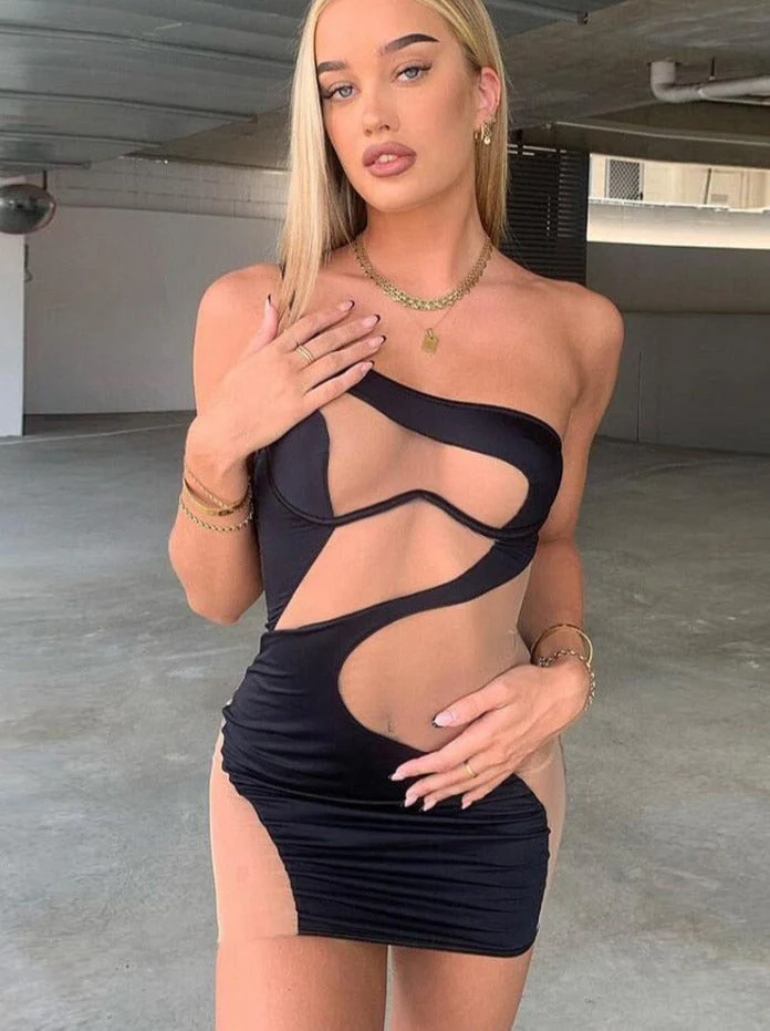 Patchwork Mini Dress Women Sexy Mesh One Shoulder High Waist Robe Girl Hot Bodycon Party Clubwear Female Midnight Skirt - Deanwangkt