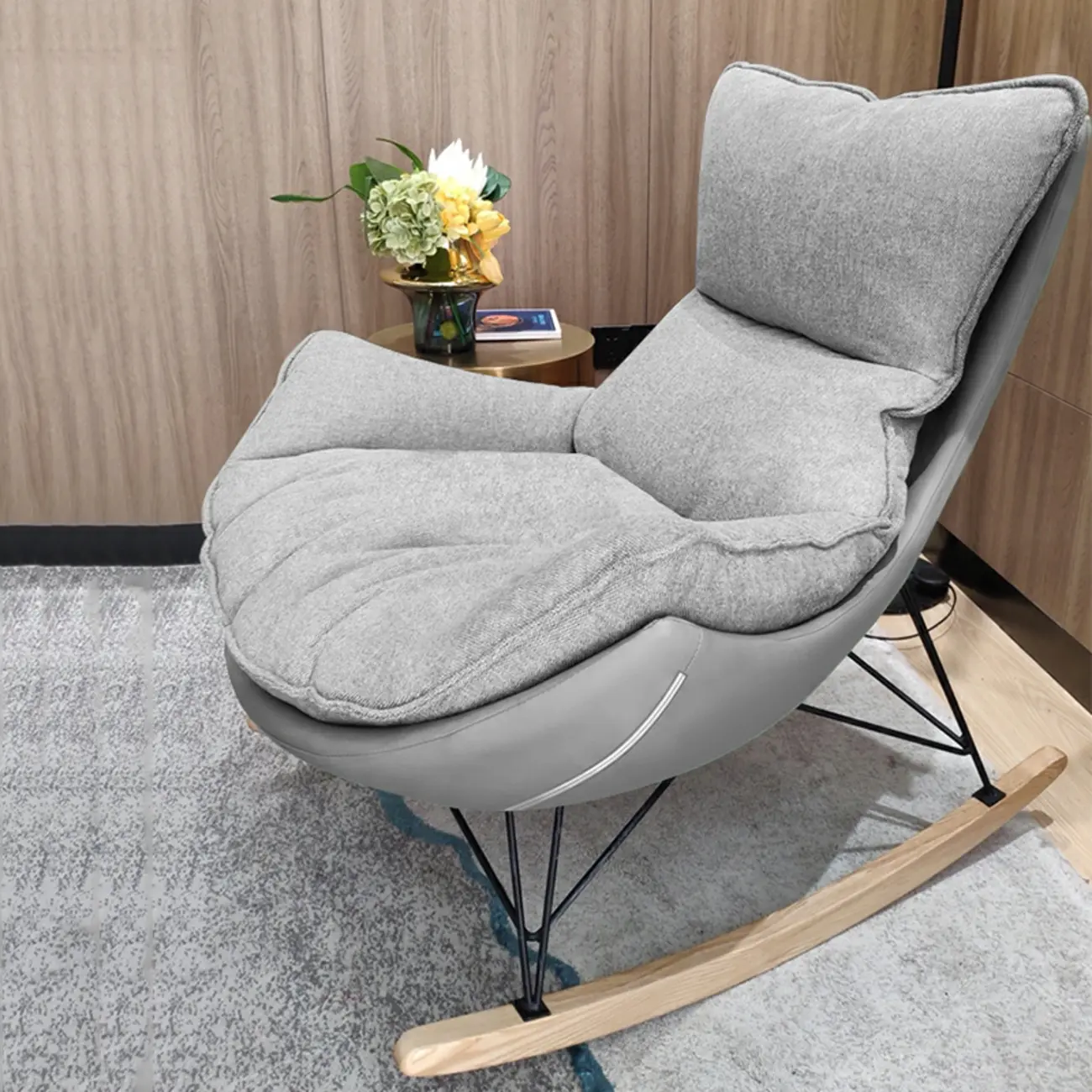 Mid Century Modern Upholstered Rocking Chair with Ottoman