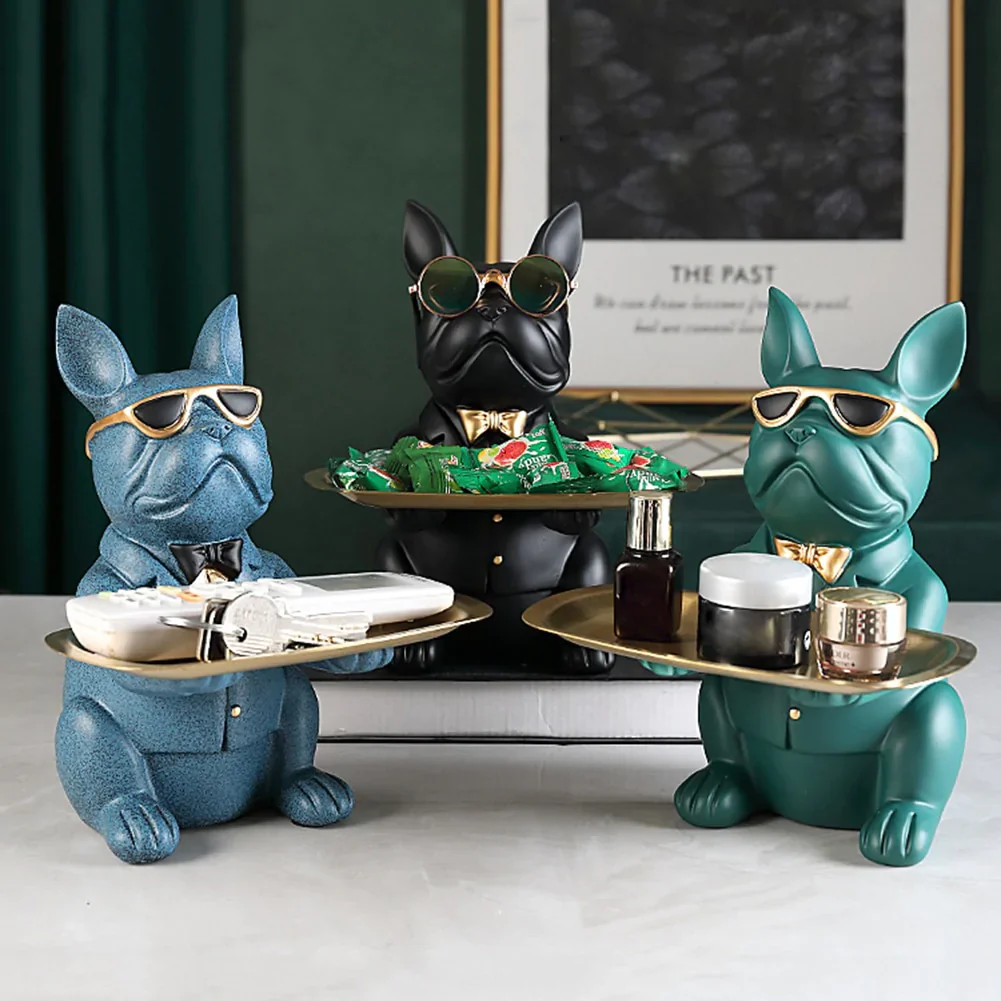 HULIANFU Nordic French Bulldog Sculpture Dog Statue Statue Jewelry Storage Table Decoration Gift Belt Plate Glasses Tray Home Art Statue - Deanwangkt