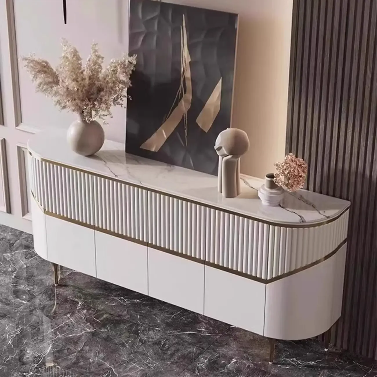 Modern White/Black Buffet Table with Cabinets