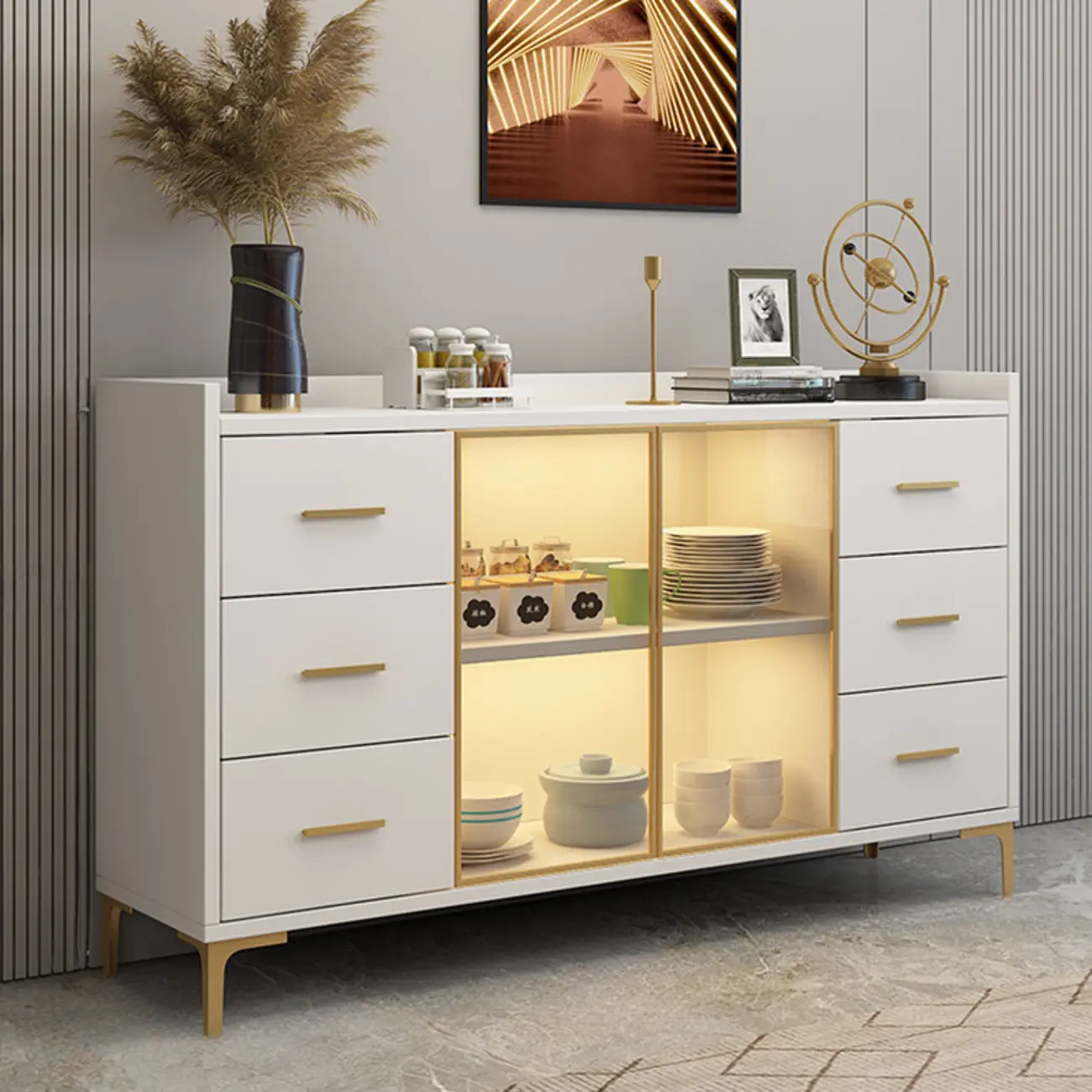 Trendy 6 Drawers White/Black Kitchen Cabinets with Metal Foot