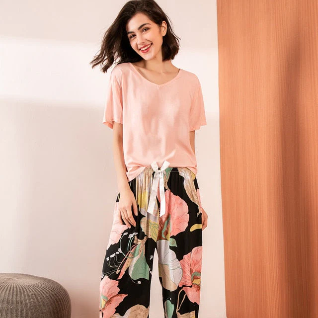 Breathable 2PCS Pajama Short Sleeve Printed Pijama Mujer Femme Loose Nightwear Suit Female Casual Homewear Pajama Set For Women - Deanwangkt