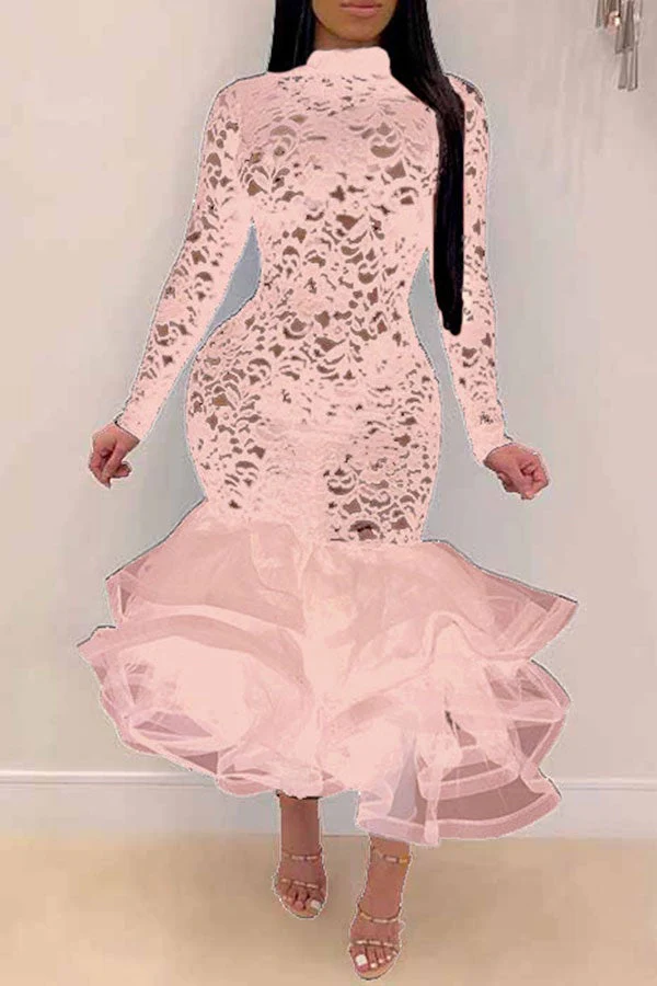 hulianfu Floral Lace Elegant See-Through Midi Dress - Deanwangkt