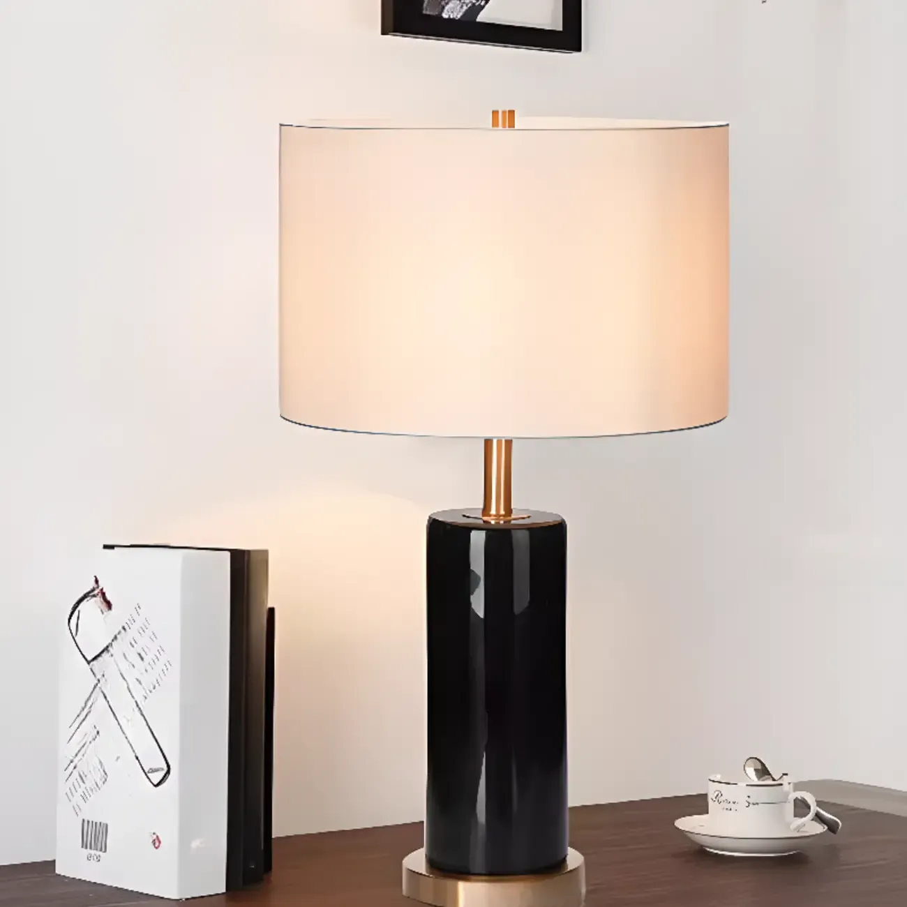 Modern Stone Table Lamp with Fabric Shade, LED Compatible