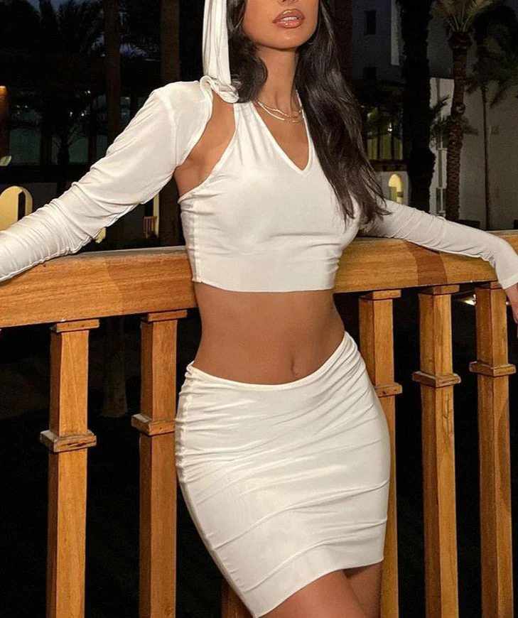 Hulianfu Halter Top And Mini Skirt Set Women Autumn Hooded 3 Piece Outfit Fashion Casual Holiday Outfits Sexy Club Party Co ord Set - Deanwangkt